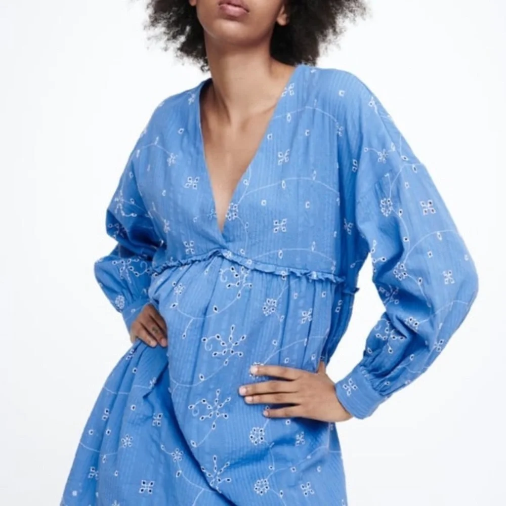 Zara Embroidered Babydoll Eyelet Blue V-Neck Long Sleeve Mini Dress size XS